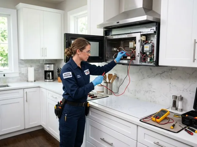 Appliance Repair Hero technician testing an over-the-range microwave in a Allen Park, MI kitchen